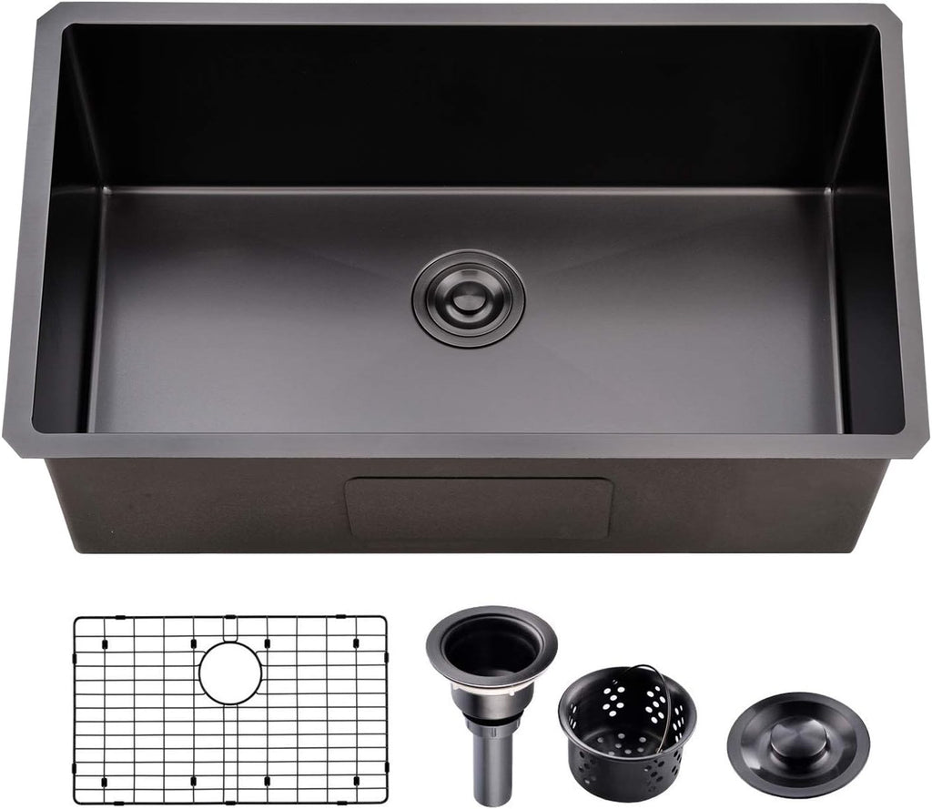 32 Inch Nano Black Undermount Kitchen Sink Stainless Steel Deep Single Bowl, 32"x18" Gunmetal Black 16-Gauge Zero