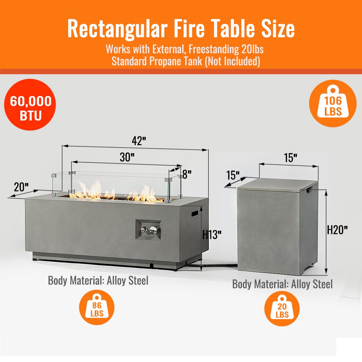 42" Outdoor Propane Fire Pit Table - 50, 000 BTU Rectangular Gas Firepit Table, Grey Commercial-Grade Fireplace with