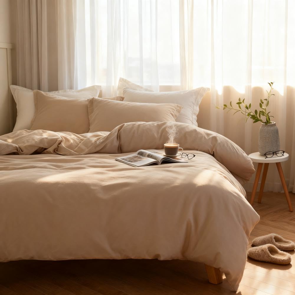 French Linen Duvet Cover Set- 104"x 92" - 3 Pieces (1 Comforter Cover, 2 Pillowcases)-Natural Flax Cotton Blend-Solid