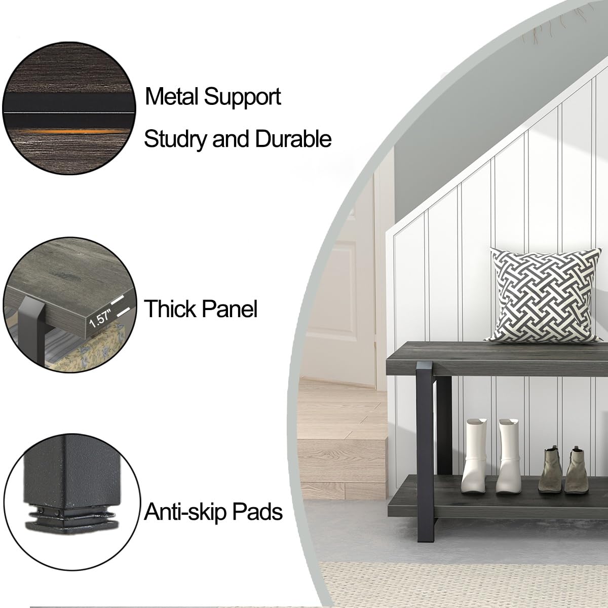 Industrial Entryway Bench with Storage, Rustic Wood and Metal Shoe Rack Bench Seat, 47 Inch Grey