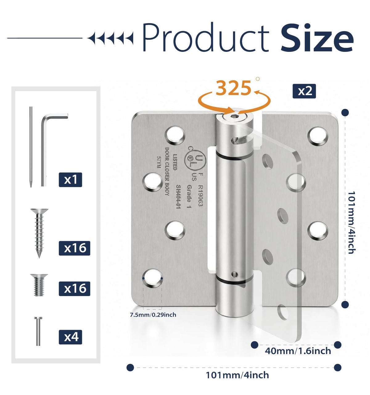 4 Inch Self Closing Door Hinges, 2-Pack Spring Hinges, 1/4" Radius Corners