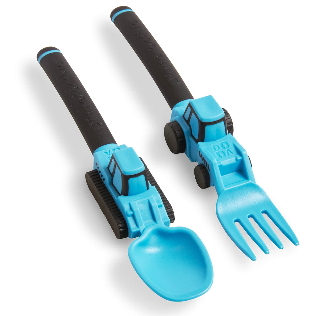 2-Piece Construction Themed Toddler Utensil Set - Blue Plastic Tractor Fork & Loader Spoon
