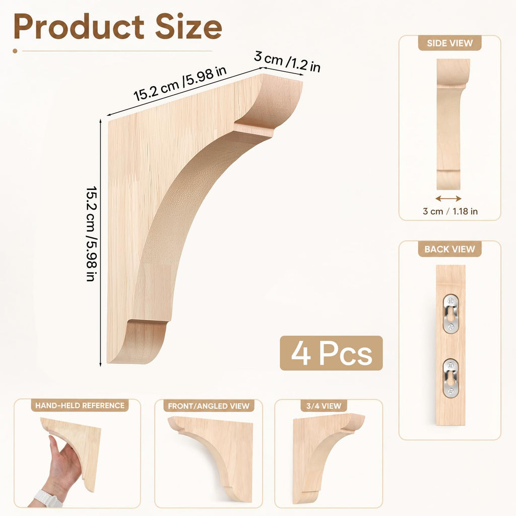 4 Pcs Wood Corbels, 6 x 6 x 1.2 Inch Wooden Shelf Brackets Unfinished Natural Rubber Wood Shelf Bracket with Hanging