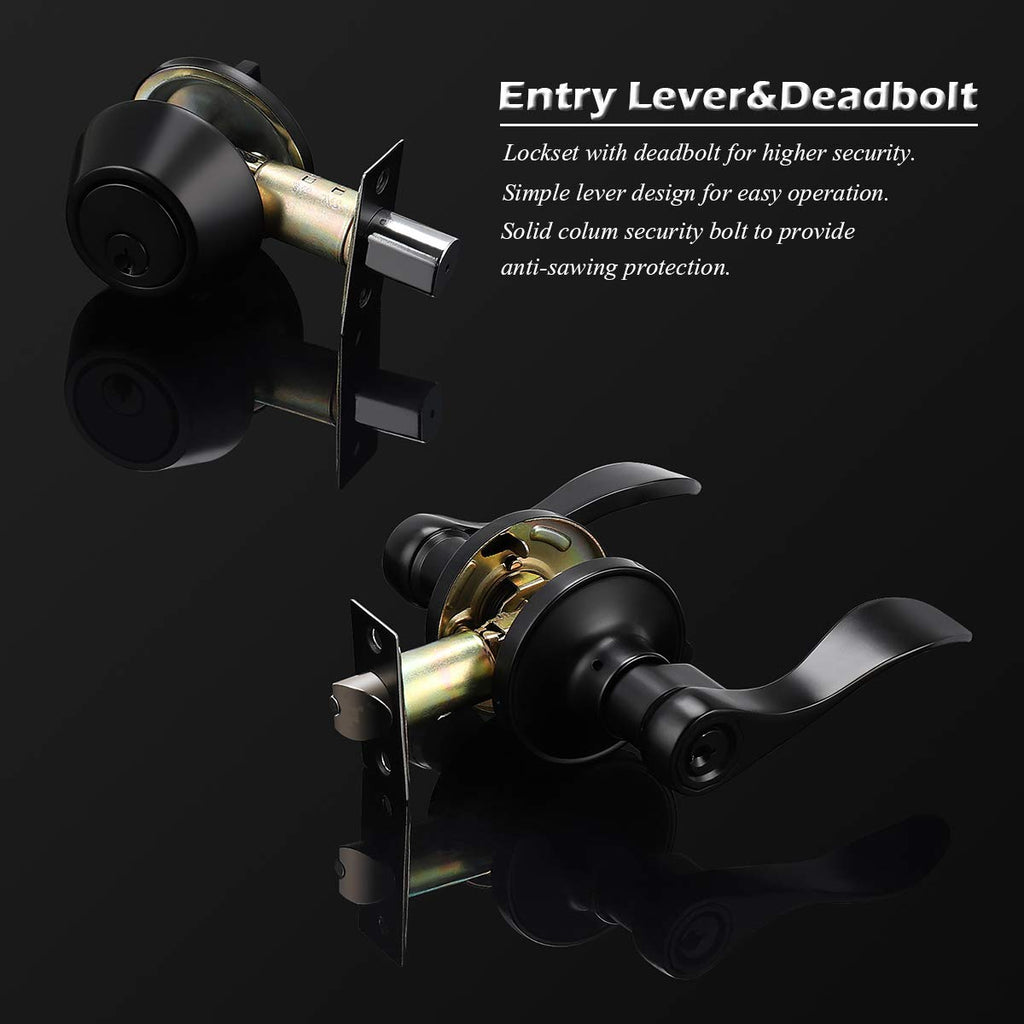 10 Sets Black Entry Levers and Single Cylinder Deadbolt Locksets with Same Key,Keyed Alike Entrance Locks,Drop/Wave