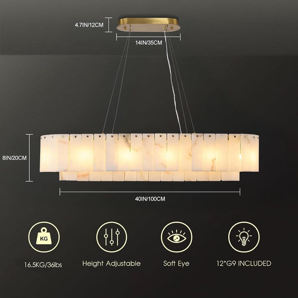 Inspired Alabaster Style L40in Alabaster Rectangular Chandelier for Dining Room, Modern White Marble Oval Chandeliers for Kitchen Island, Rectangle Chandelier for Dining Table (Dimmable Bulbs Included)