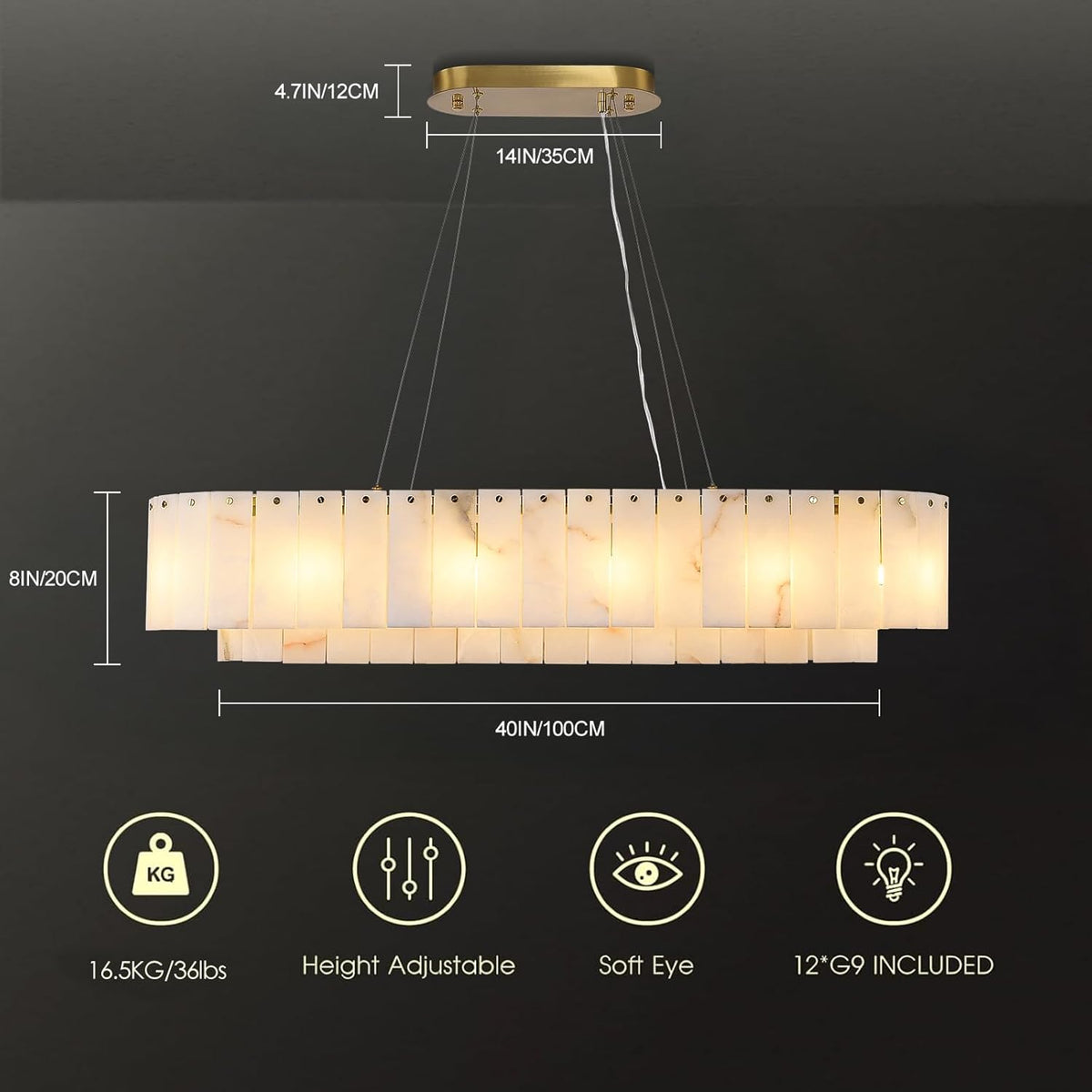 Inspired Alabaster Style L40in Alabaster Rectangular Chandelier for Dining Room, Modern White Marble Oval Chandeliers for Kitchen Island, Rectangle Chandelier for Dining Table (Dimmable Bulbs Included)