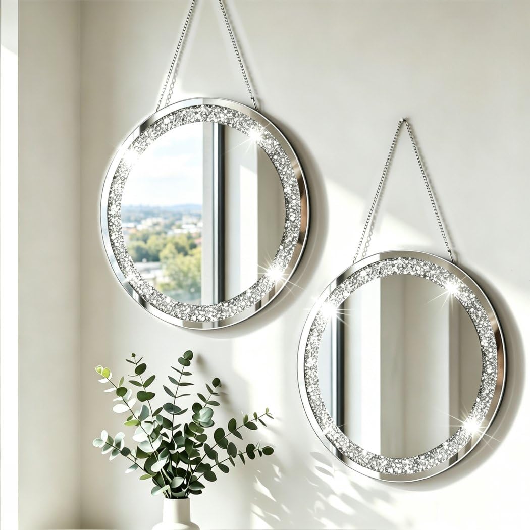 Crystal Crush Diamond Silver Mirror 2 Pack Diameter 12inch Round Shape with Iron Chain Real Glass Mirror for Wall