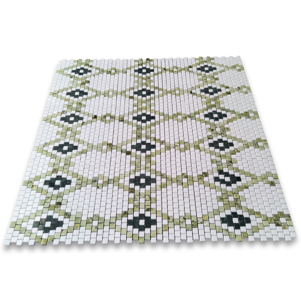 Thassos White Marble 5/8x5/8 Square Diamond Mosaic Tile w/Green Marble Polished Kitchen Bath Wall Floor Backsplash