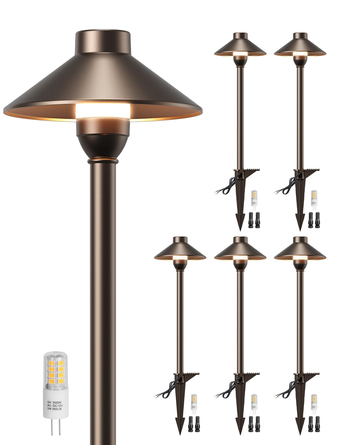 Low Voltage Landscape Lighting 6-Pack, Aluminum 12V Pathway Lights with G4 Bulbs, Waterproof Oil Rubbed Bronze Color
