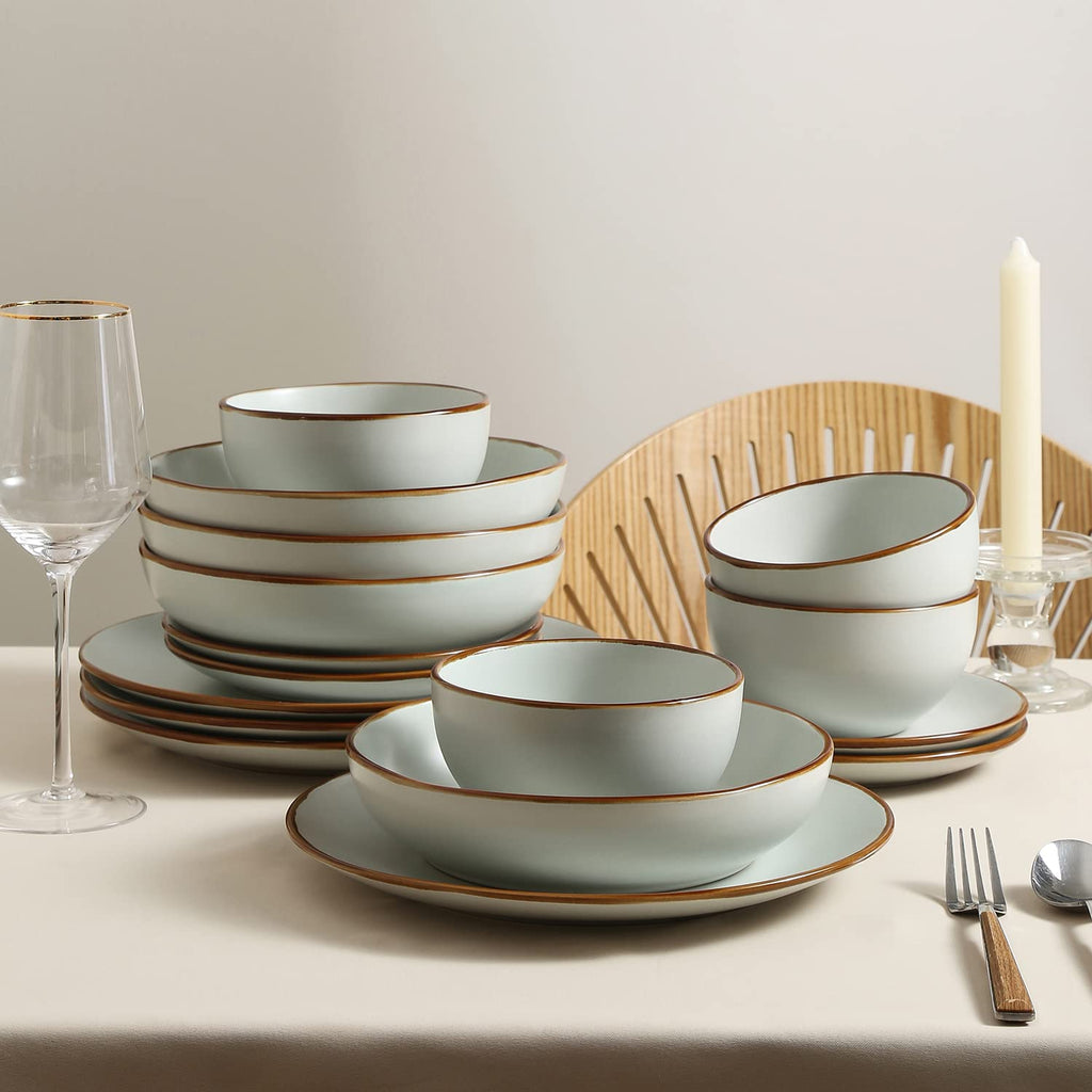 Lain Brasa Stoneware 16 Piece Modern Dinnerware Set, Plates and Bowls, Service for 4, Light Green, Microwave &