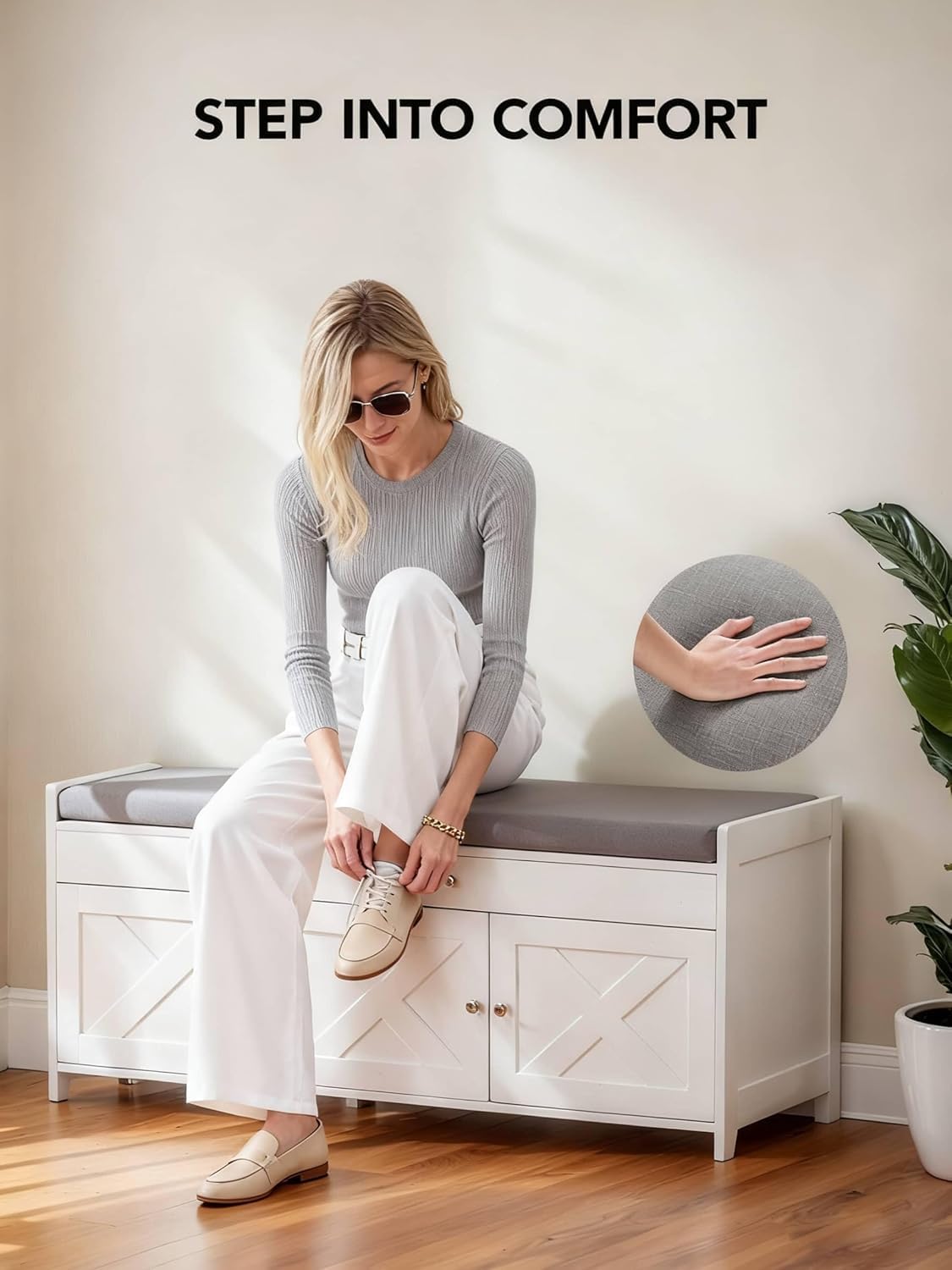 Farmhouse Shoe Storage Bench with Cushion, 3 Doors & Lift-Top Storage, Adjustable Shelves, 300 lbs Capacity Entryway