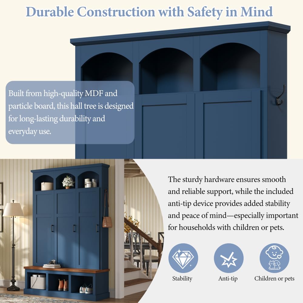 Farmhouse Blue Hall Tree with Bench, 3 Hidden Storage with 3 Hooks