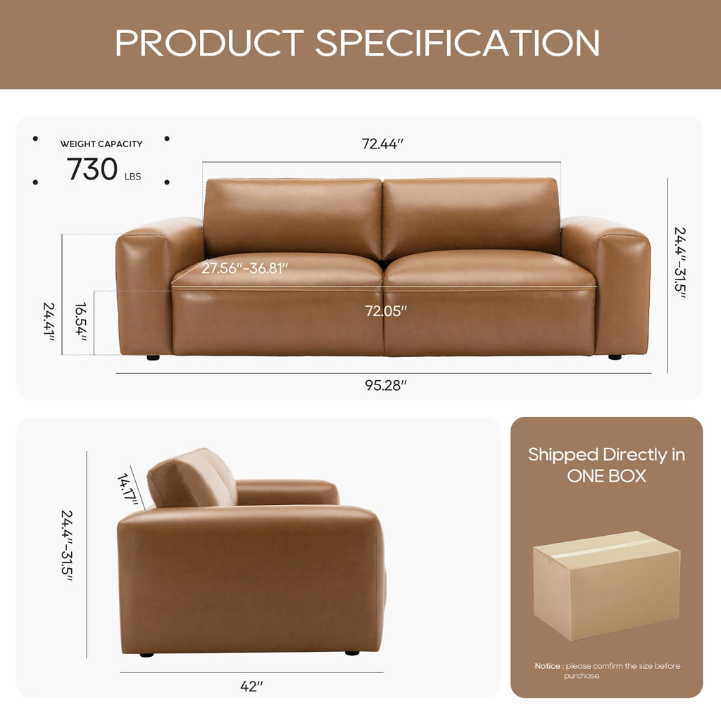 95" Oversized PU Leather Sofa, Comfy Sofa Couch with Extra Deep Seats, Wide Arm, Down Filled 3-Seater Sofa
