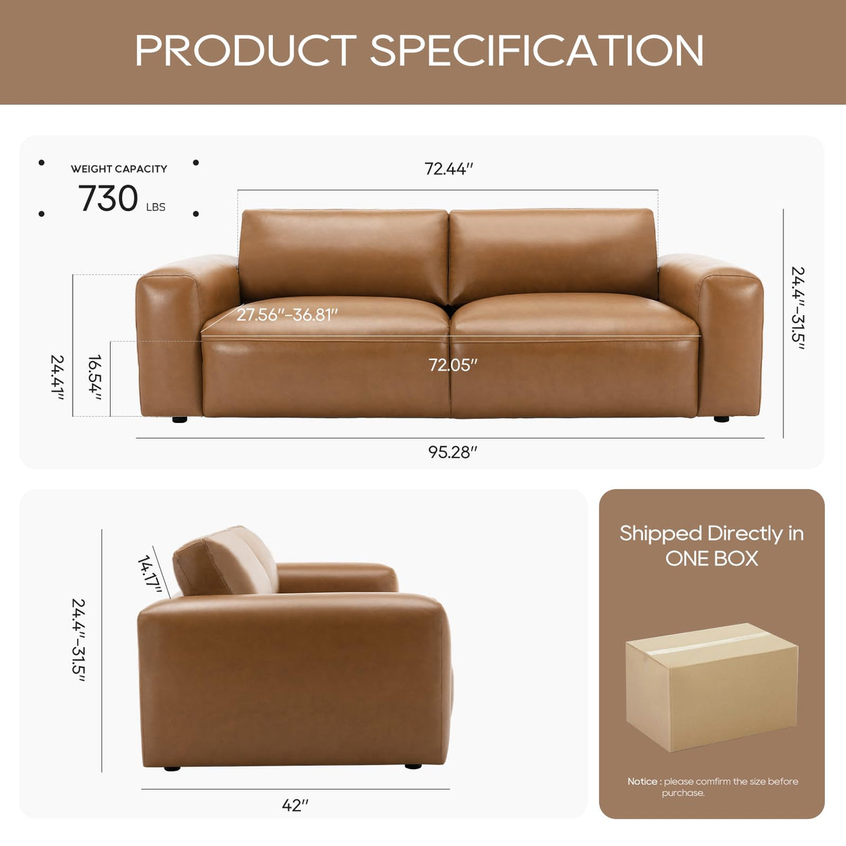 95" Oversized PU Leather Sofa, Comfy Sofa Couch with Extra Deep Seats, Wide Arm, Down Filled 3-Seater Sofa