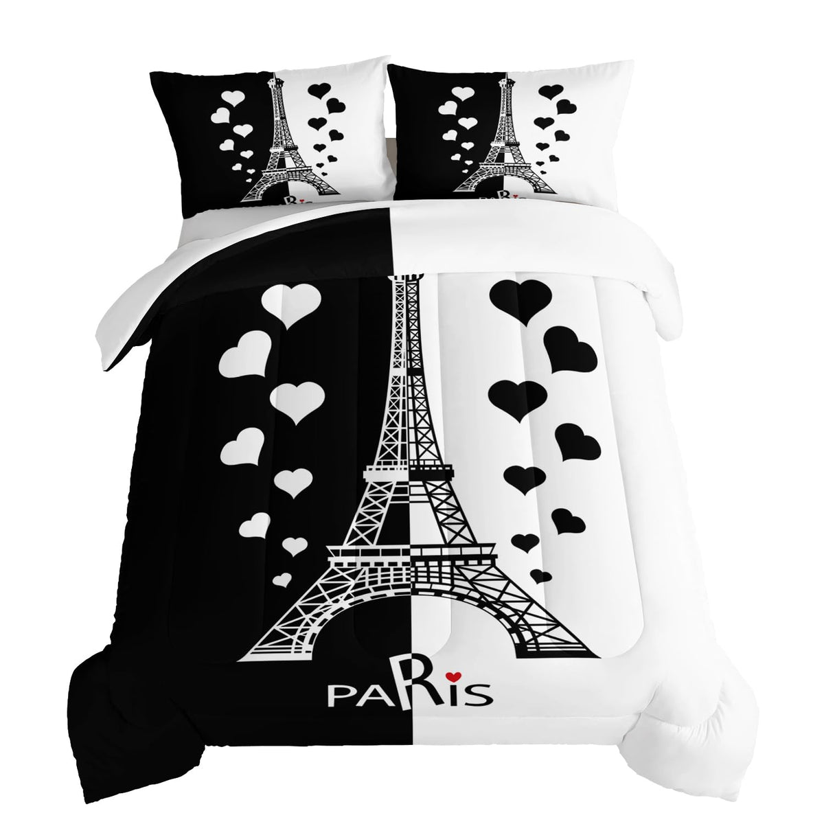 Black and White Stitching Love Heart Paris Bedroom Comforter Set, Eiffel Tower Modern French Style Bedroom