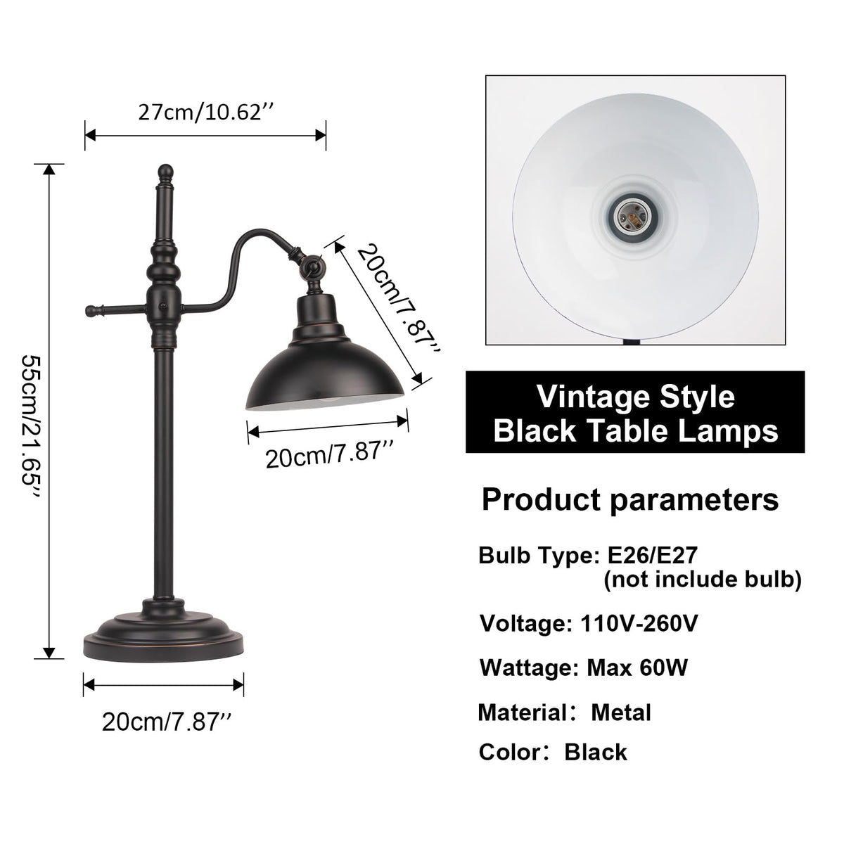 Black Farmhouse Desk Lamp, Industrial Metal Eye-Caring Table Lamp,Vintage Desk Lamp Living Room Dorm