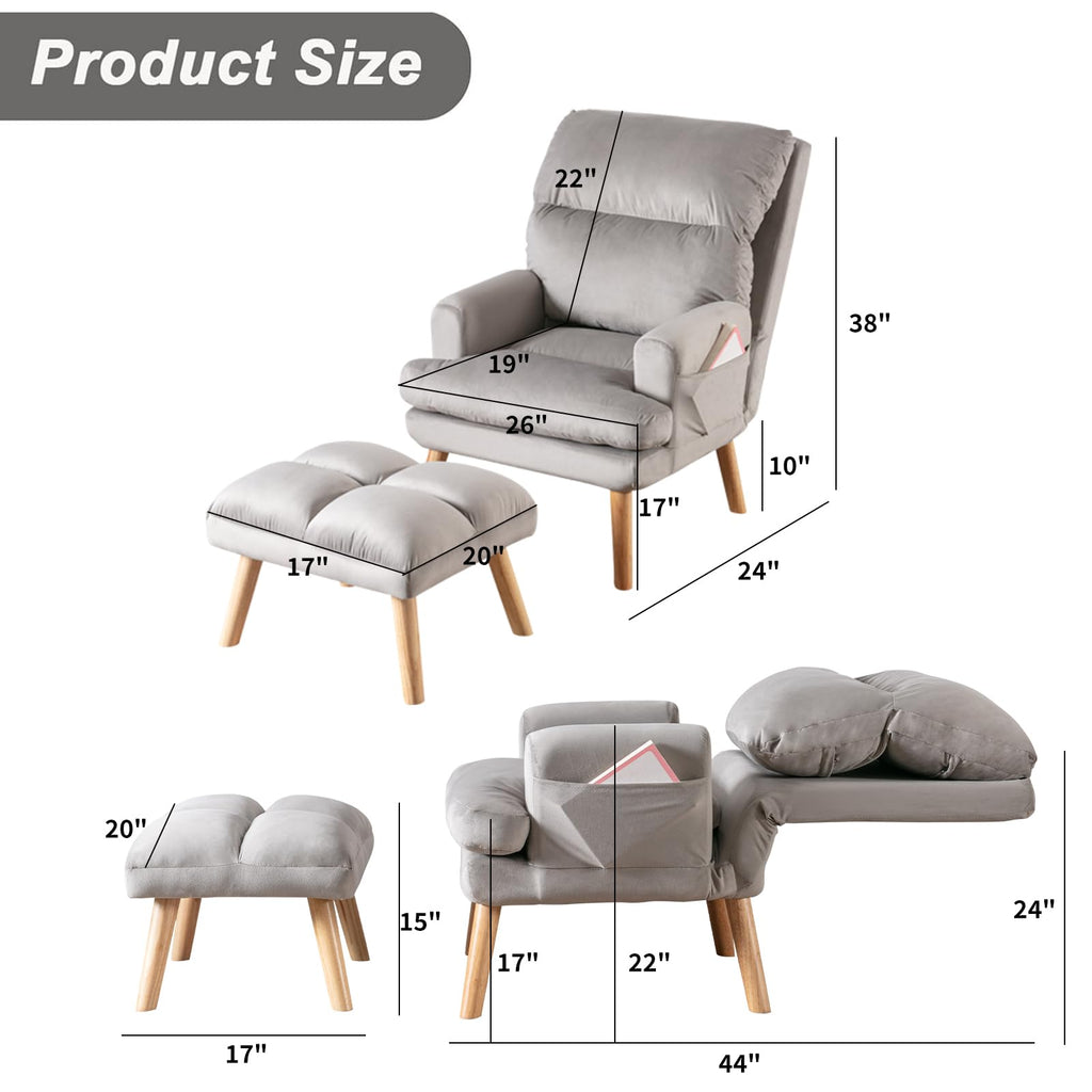 Modern Accent Chair with Ottoman, Soft Fabric Armchair with Adjustable Backrest and Side Pockets, Comfy Lounge Chair