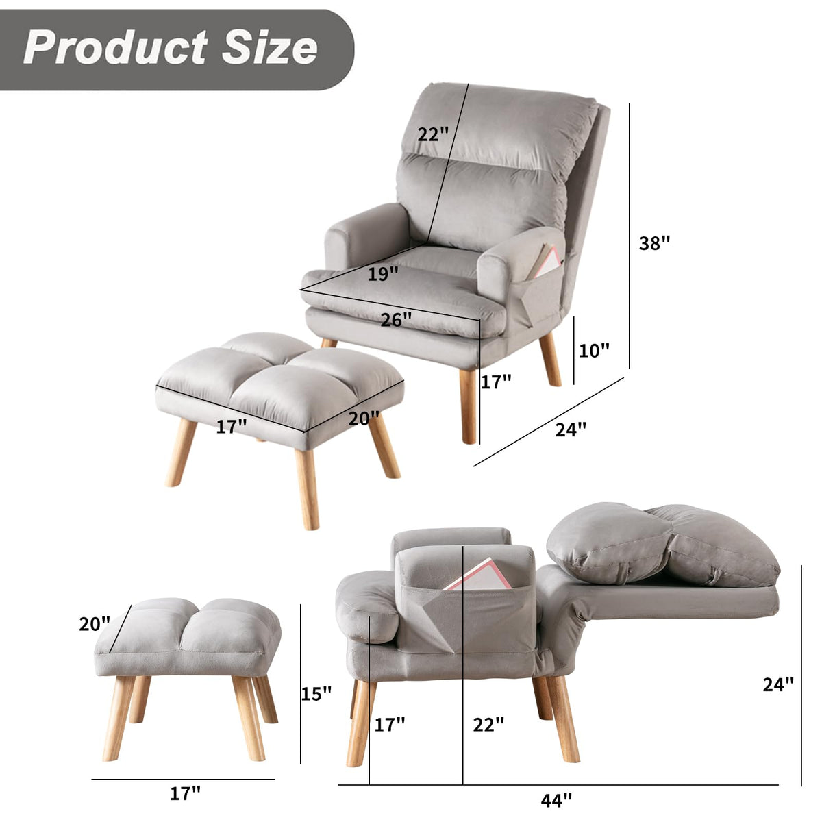 Modern Accent Chair with Ottoman, Soft Fabric Armchair with Adjustable Backrest and Side Pockets, Comfy Lounge Chair