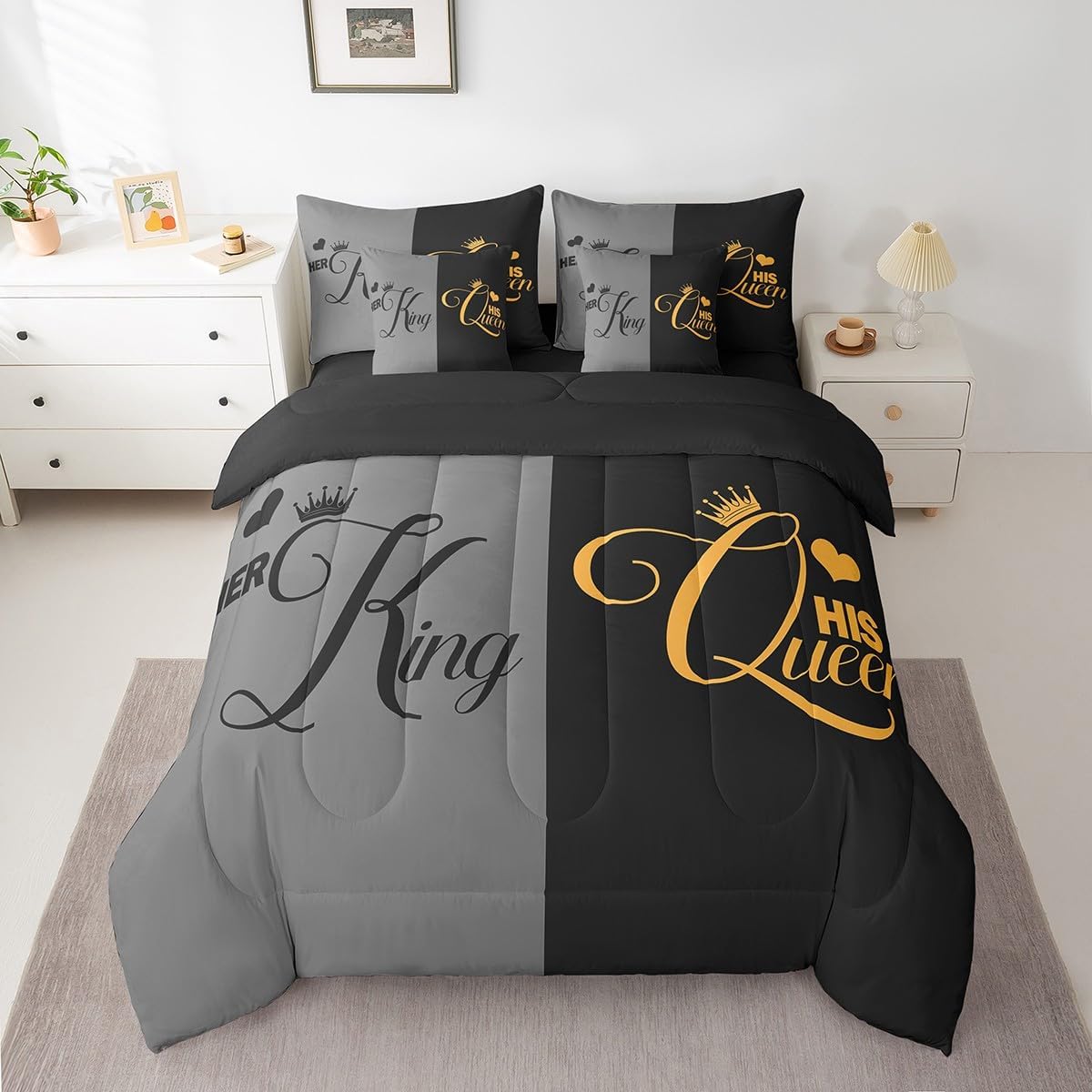 King and Queen Crown Comforter Set, 7 Piece Bed in a Bag, Her King and His Queen Comforter and Sheet Set, Romantic - Set of 7