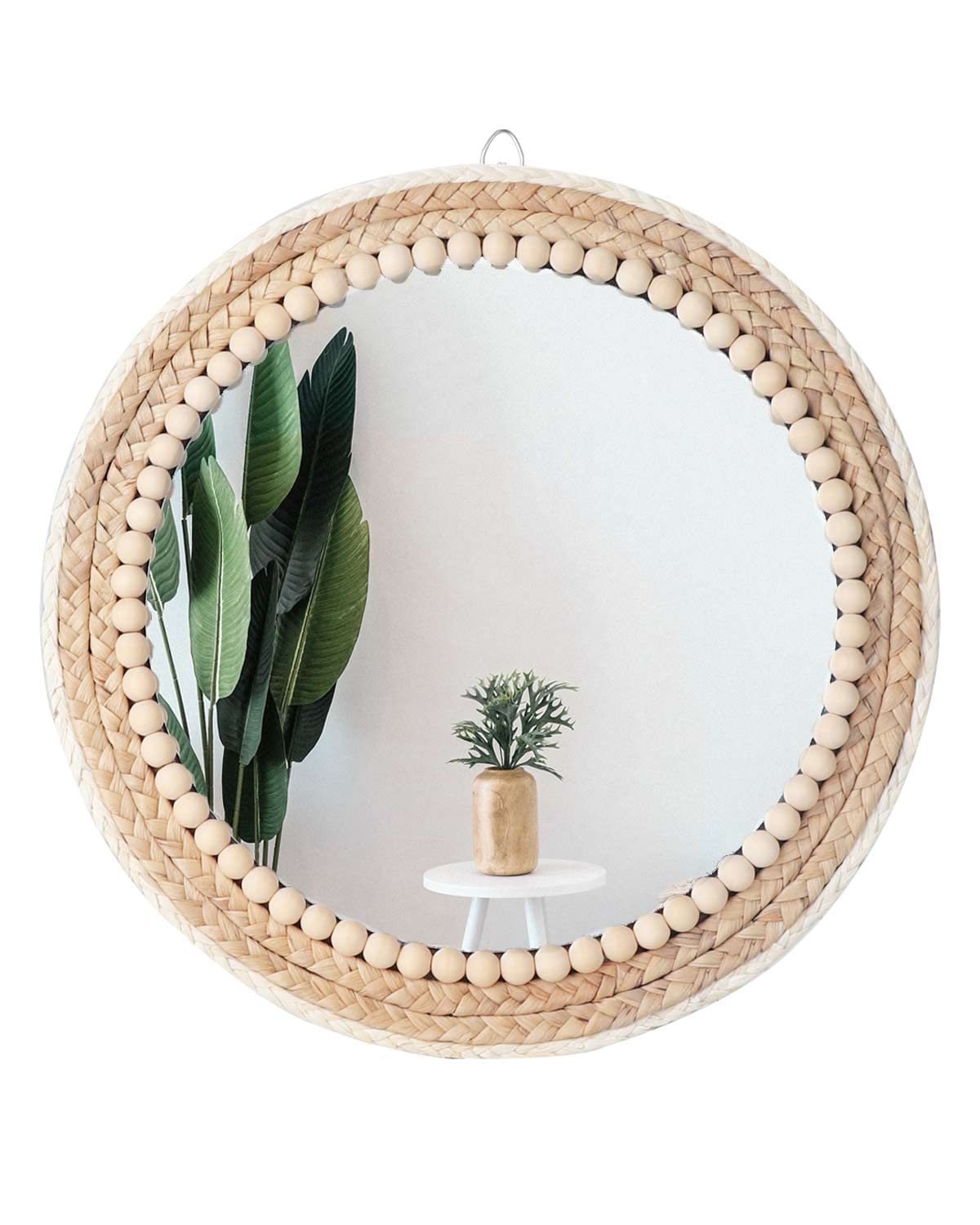 Boho Wall Mounted Round Mirror - 15 Inch Circle Rattan Decorative Hanging Mirror