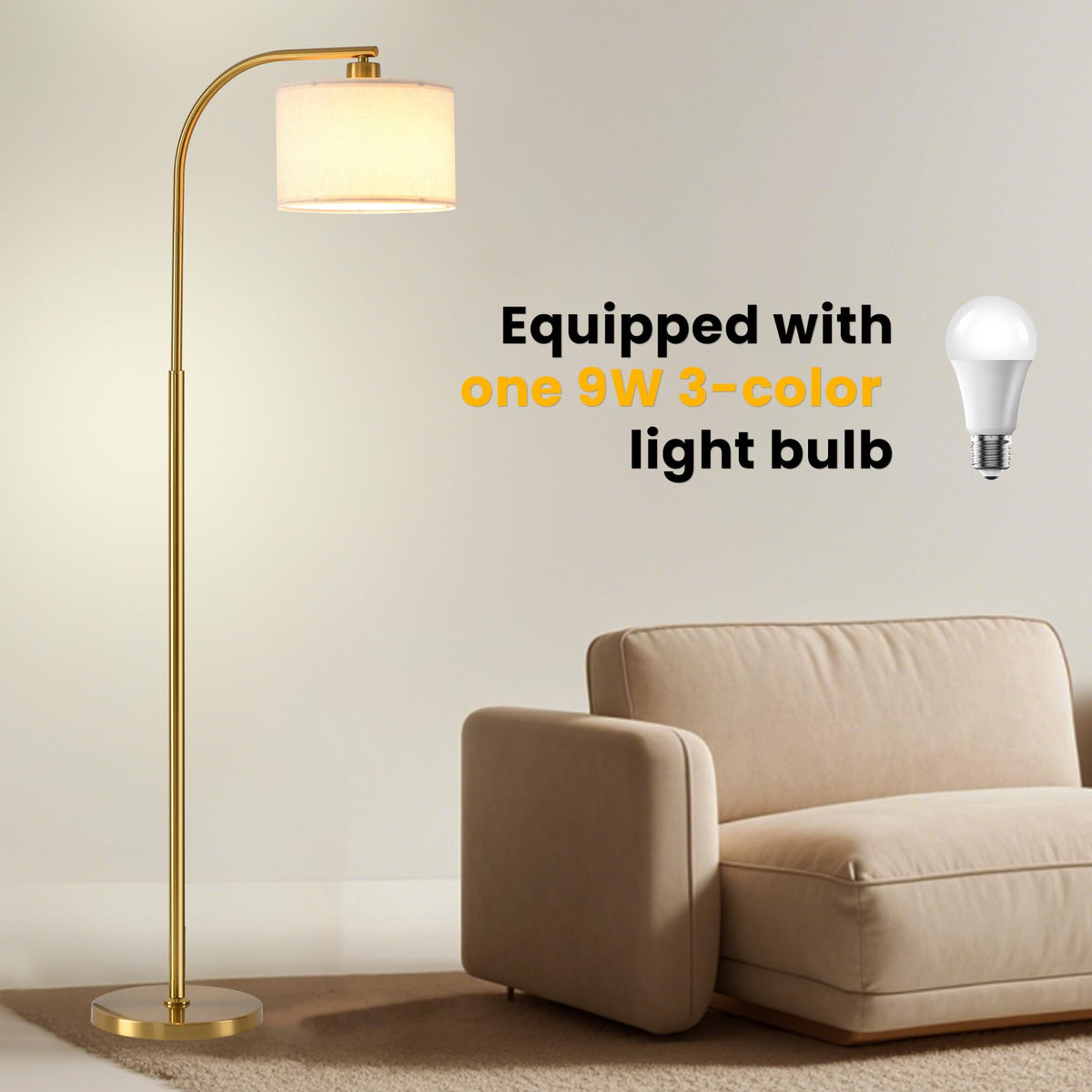 Tall Floor Lamp,65'' Modern Standing Lamps with 9W LED Bulb,Elegant Floor Light with Fabric Shade,Gold Tall Lamp