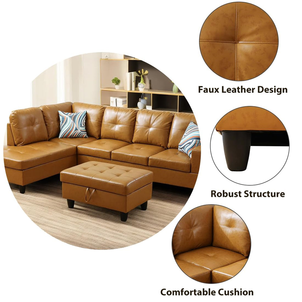 L Shaped Couch, Faux Leather Sectional Couches, Modern Living Room Furniture Sets Sofa in 3PCS /Office (B-Ginger