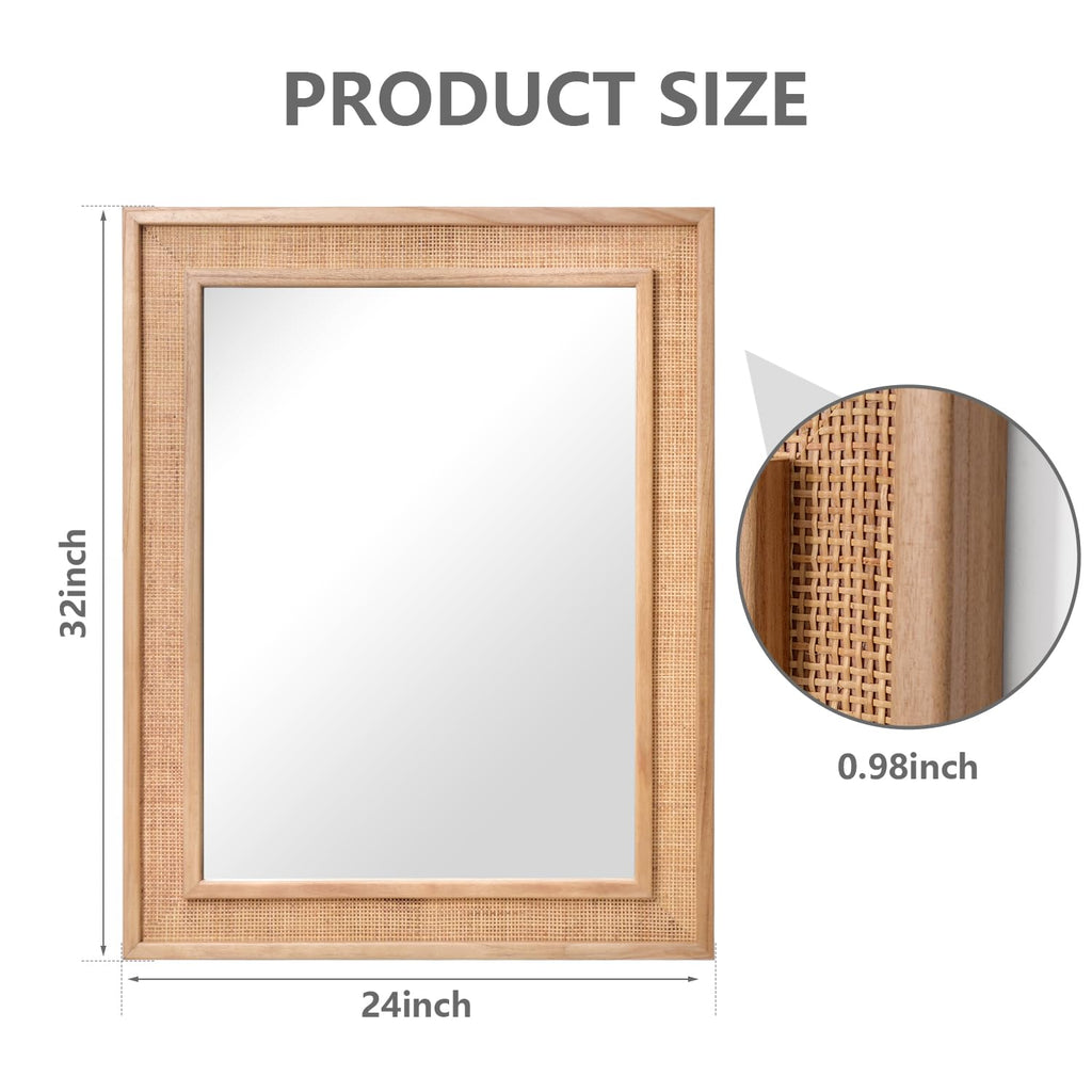 Rattan Wall Mounted Mirror 24"x32" Wood Framed Farmhouse Hanging Bathroom Mirror Decorative Rectangle Wall Mirror