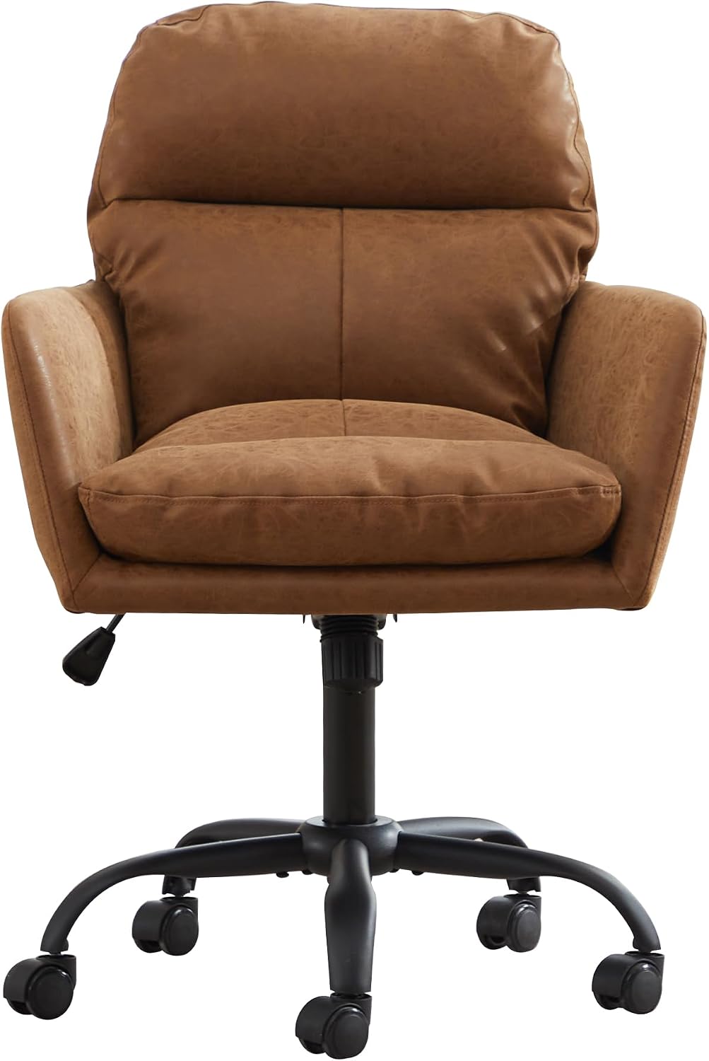 Adjustable Home Office Desk Chair with Comfy Square Mid-Back, Faux Leather 360 Swivel Upholstered Task Armchair with Wheels for Vanity Bedroom/Living Room,Study Brown
