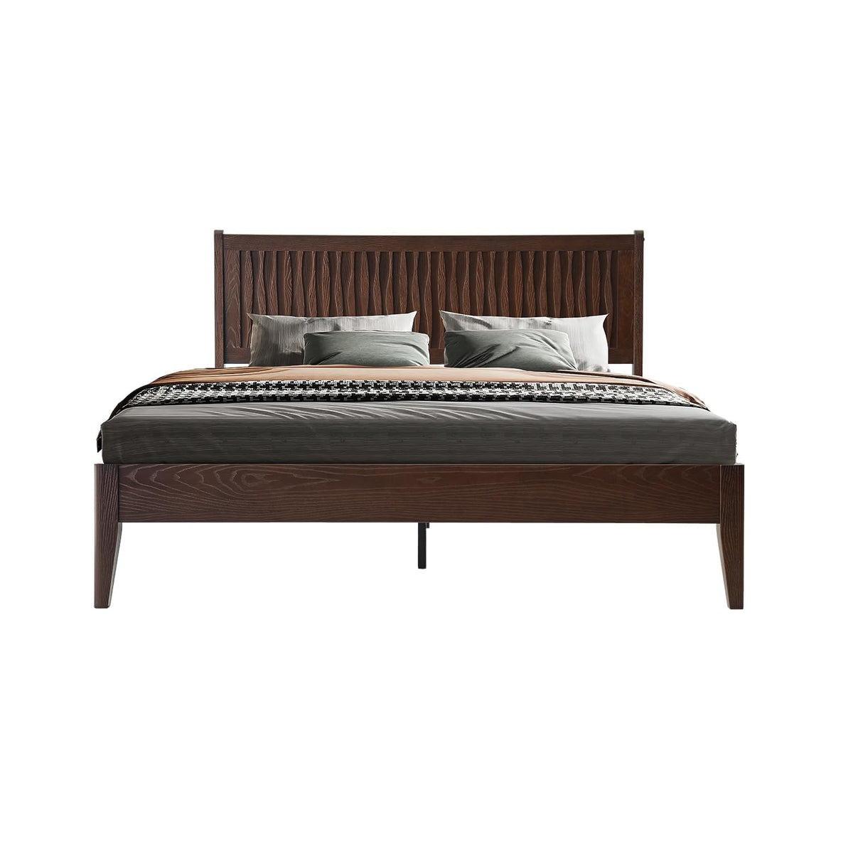 Queen Size Bed Frame with Headboard & Footboard, Solid Wood Platform Bed, Central Metal Legs, 12 Sturdy Slats, Under