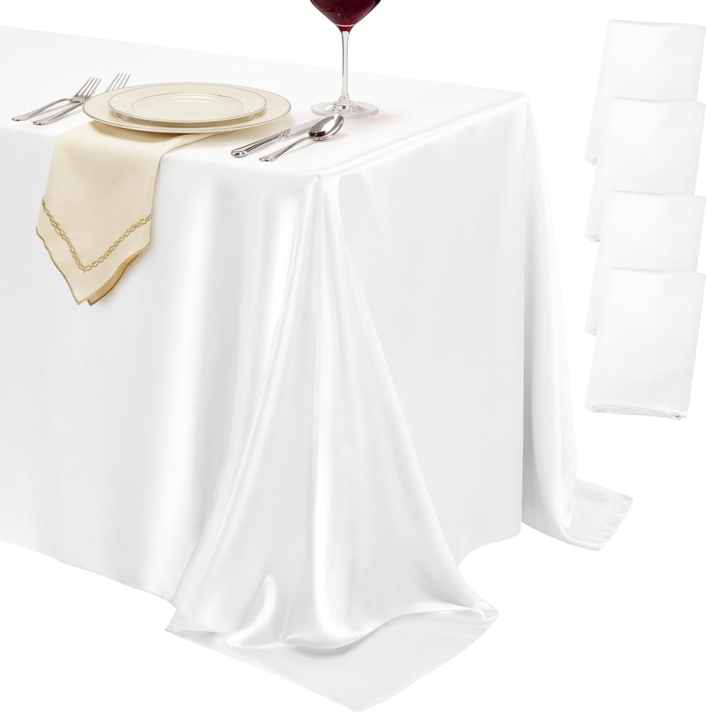 4 Pack White Satin Tablecloth 58 x 102 Inch Overlay Seamless Design