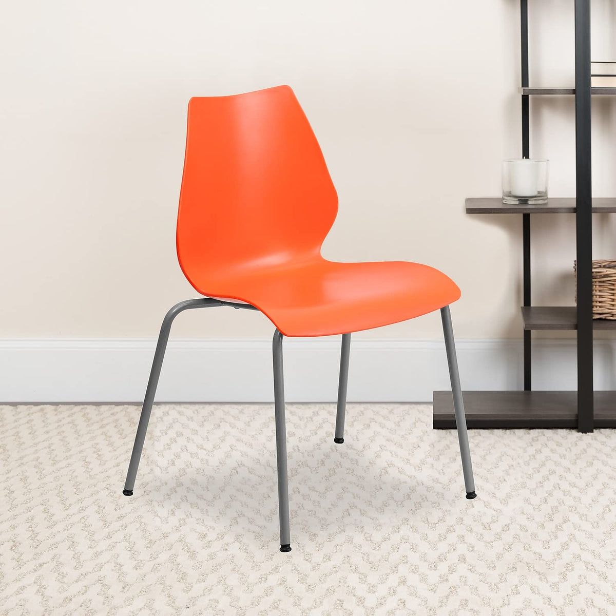 5 Pack HERCULES Series 770 lb. Capacity Orange Stack Chair with Lumbar Support and Silver Frame