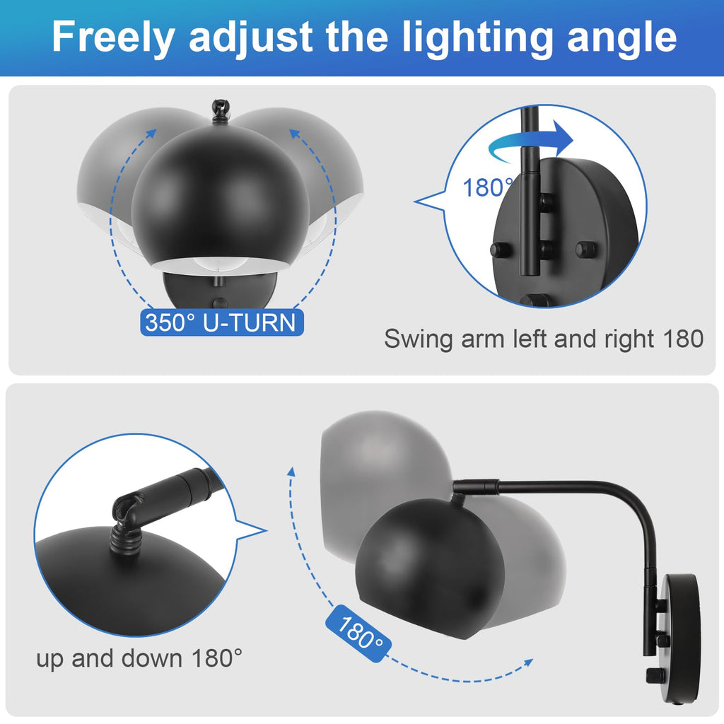 Dimmable Wall Sconces Set of 2, Plug in Wall Sconces Swing Arm Wall Lights with Plug in Cord and Dimmer On/Off Knob