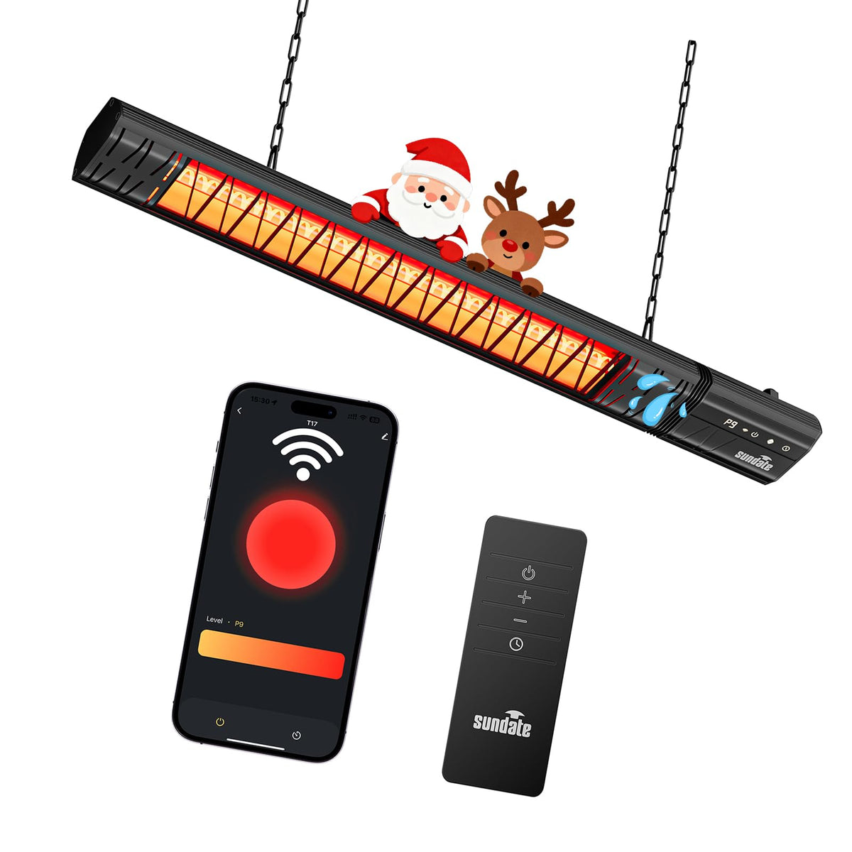 Ceiling Electric Outdoor Heater Wifi Control Wall-Mounted Hanging Patio 1500W Infrared 9 Heat Levels, 24H Timers