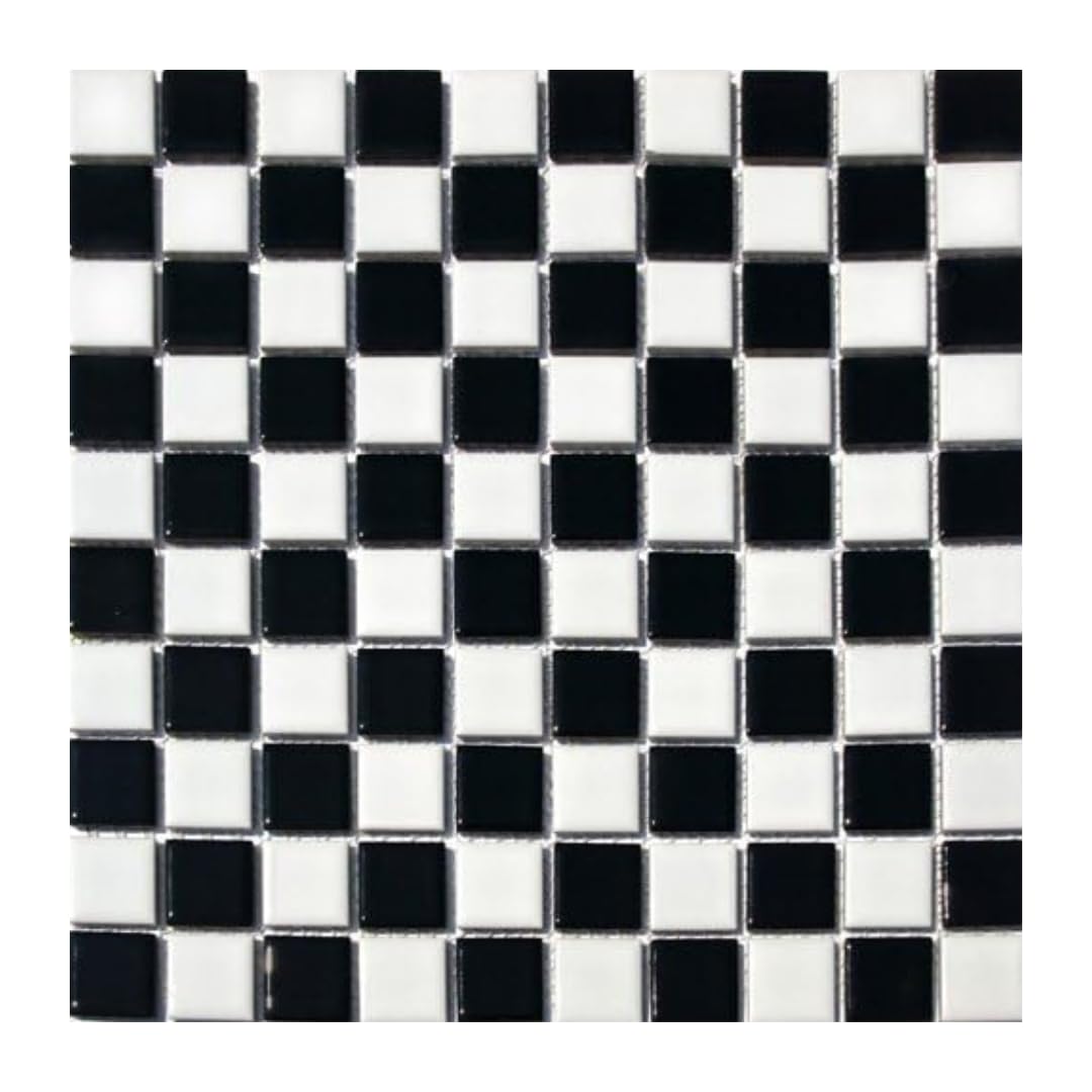 Black and White Checkerboard 1x1 Porcelain Mosaic Tile - Exact 1-1/16 in Chips, Shiny Gloss Finish Floor, Kitchen