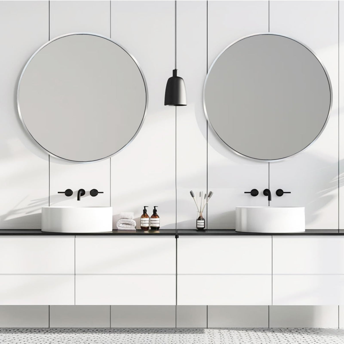 Round Mirror 30 inch Silver, Circle Mirror, Brushed Nickel, Chrome