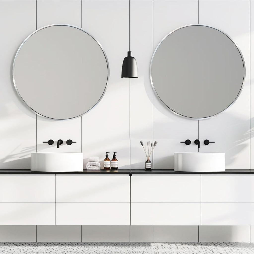 28 inch Round Mirror Silver, Circle Mirror, Brushed Nickel, Chrome
