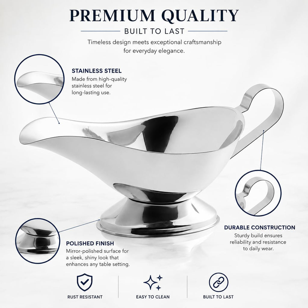 16 Oz. Stainless Steel Gravy Boat Set of 2 - Elegant Sauce Server with Gadroon Base & Easy-Pour Lip - Durable Metal