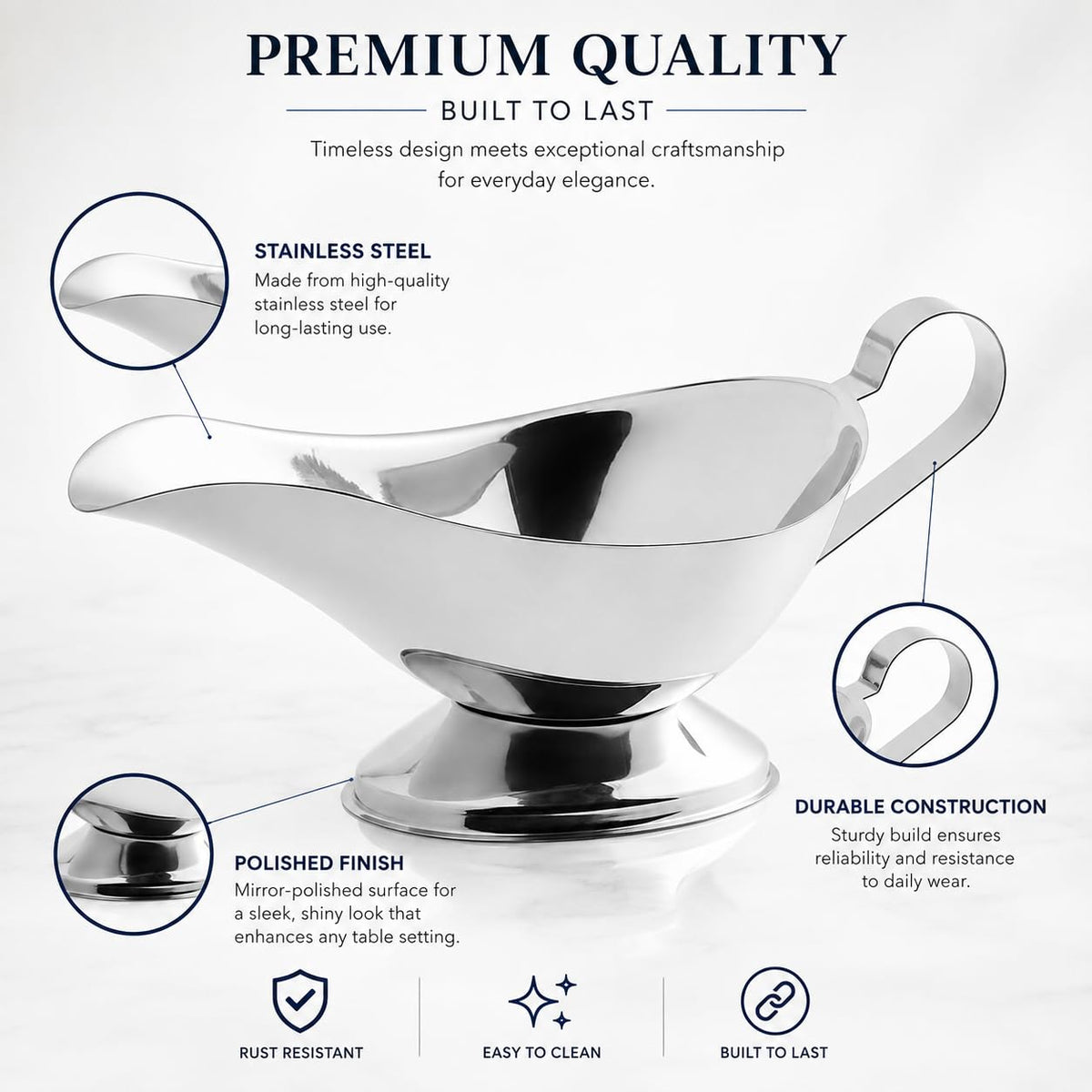 16 Oz. Stainless Steel Gravy Boat Set of 2 - Elegant Sauce Server with Gadroon Base & Easy-Pour Lip - Durable Metal