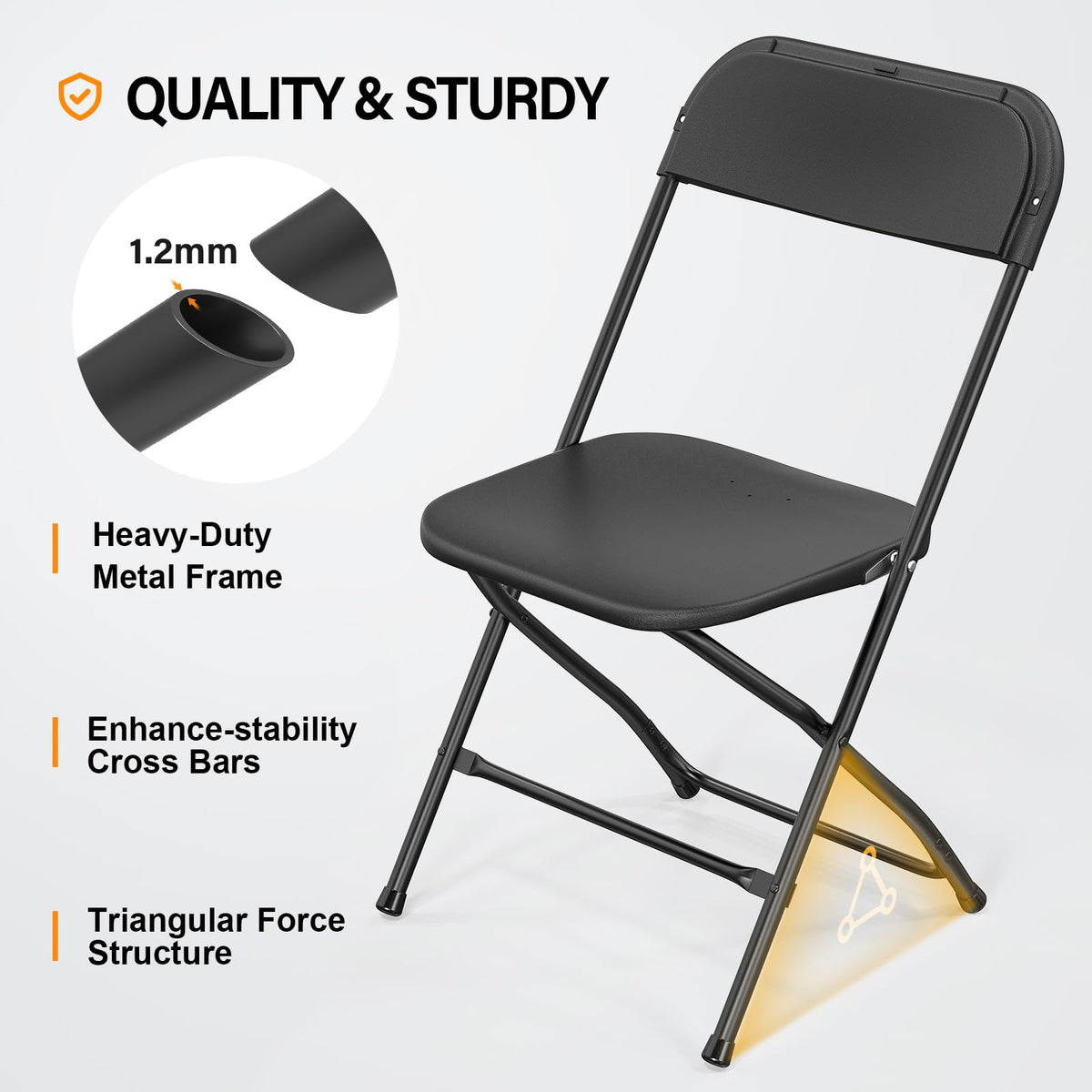 20 Pack Black Plastic Folding Chair, Indoor Outdoor Portable Stackable Commercial Seat with Steel Frame 350lb.