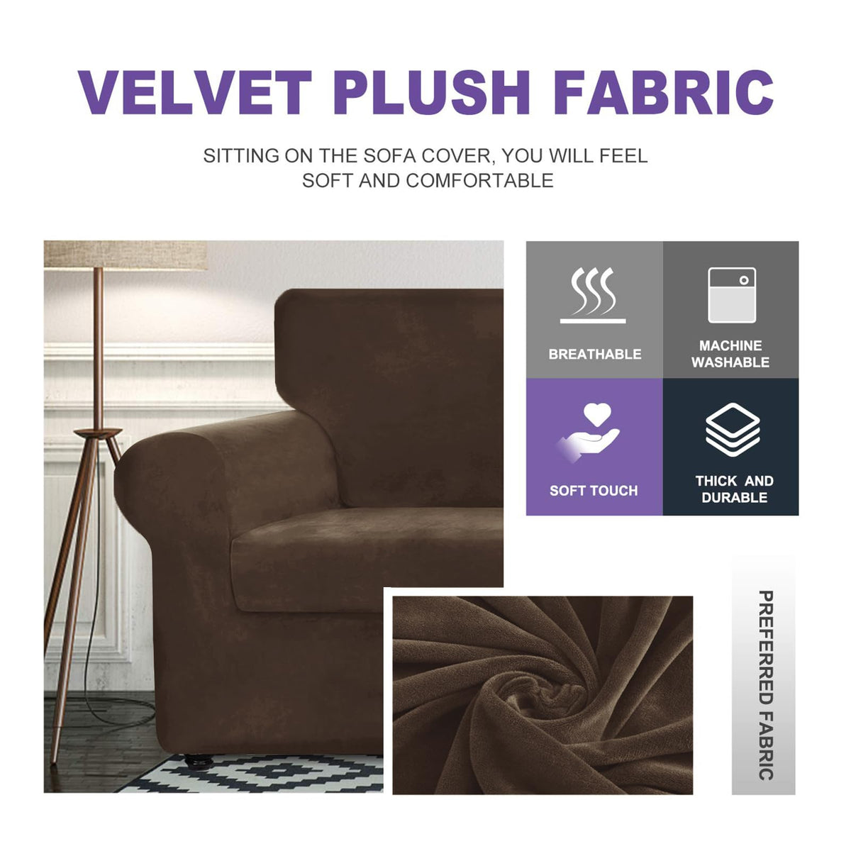 Luxury Velvet Sofa Cover 3 Piece (57"-70") Stretch Loveseat Covers for 2 Cushion Couch Thick Soft Couch Slipcover
