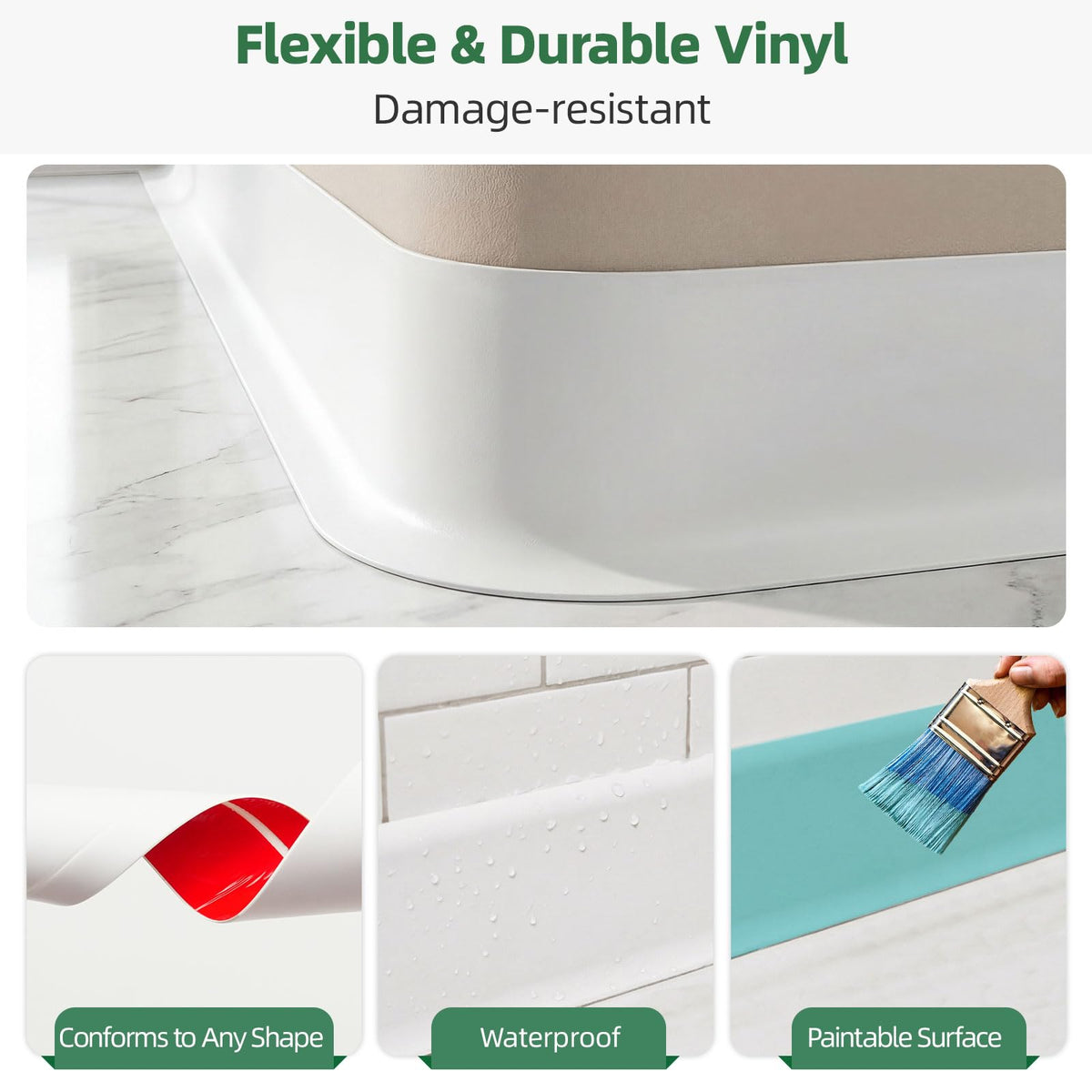 32.8ft Flexible Vinyl Baseboard Trim with Toe, Stick Wall Base