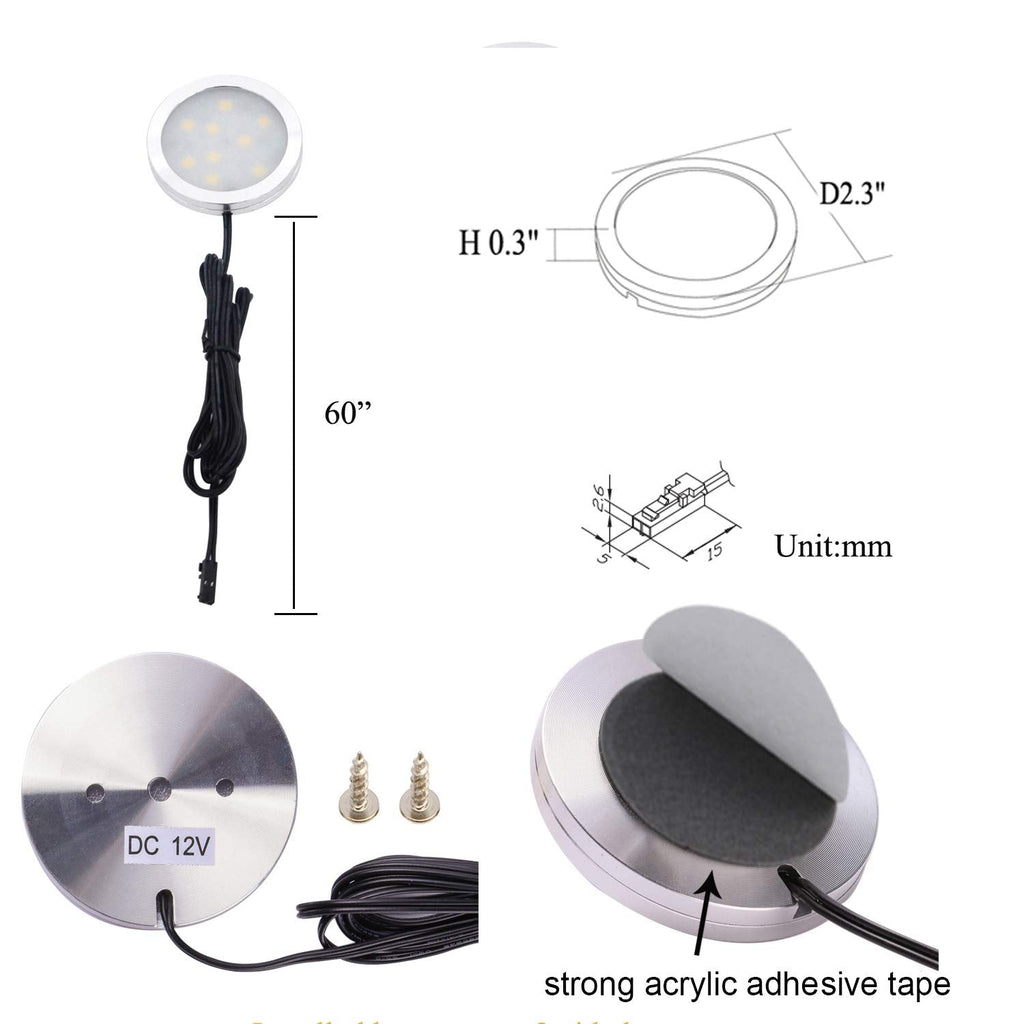 12V LED Under Cabinet Lighting Kit 3 Packs Slim Aluminum Puck Lights with 2-Way Switch All Accessories Included