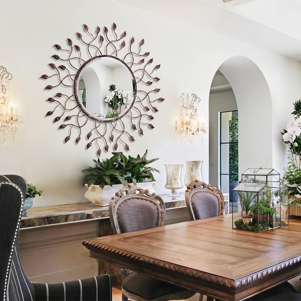 Round Mirror Decor, 32" x 32" Large Mirror with Removable Leaves, Beveled Edge and Metal Frame, Decorative Wall