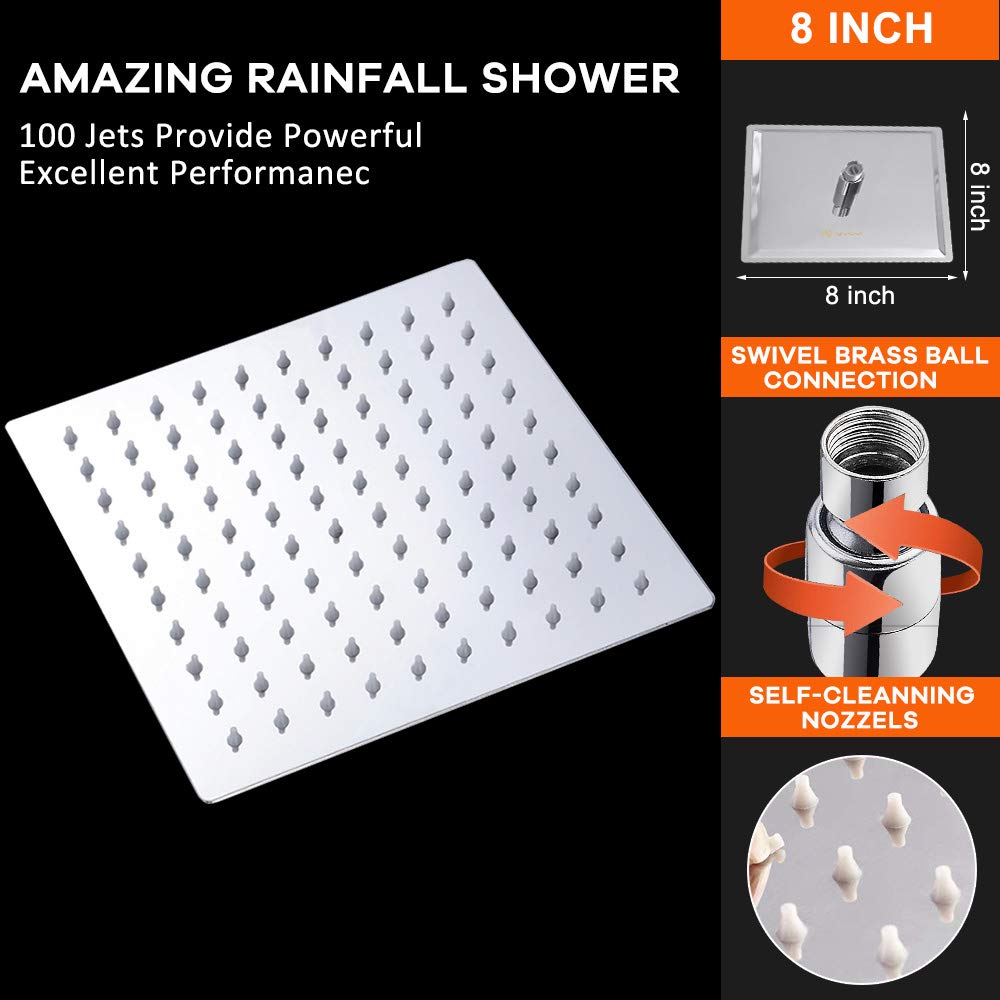 Rain Shower Head with 11'' Adjustable Extension Arm, Large Stainless Steel High Flow Rainfall Square Shower head