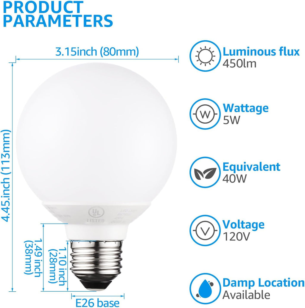 G25 LED Light Bulbs, 5W 450LM, Dimmable, 5000K