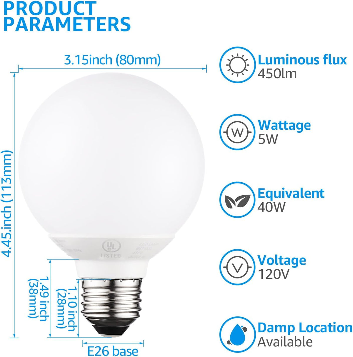 G25 LED Light Bulbs, 5W 450LM, Dimmable, 5000K