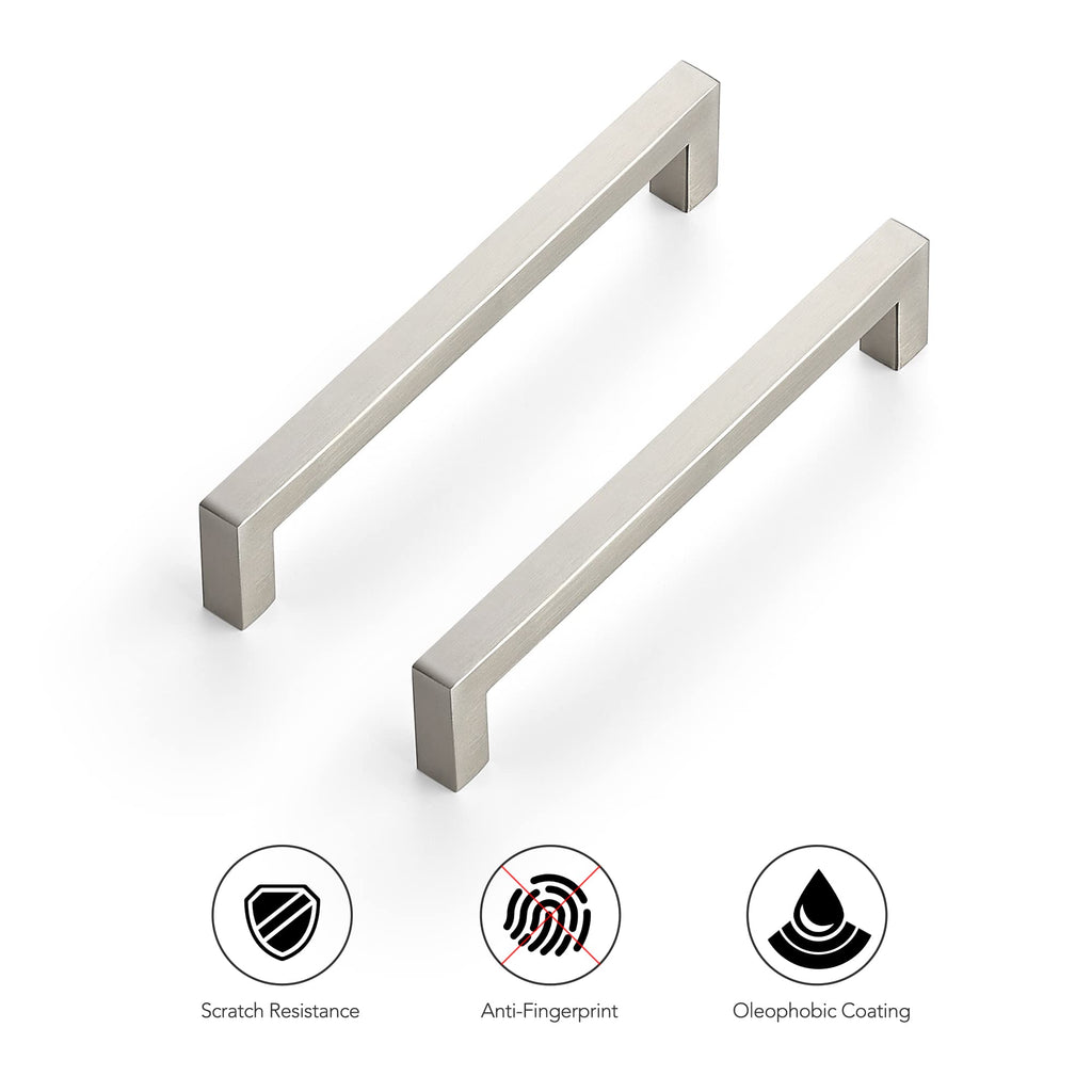 Brushed Nickel Square Cabinet Handles & Pulls 6-1/4 Inch 10 Pack