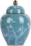 Green Pine Blossom Ceramic Jar-Blue and White Porcelain Ginger Jar, Chinoiserie Decorative Storage Jar