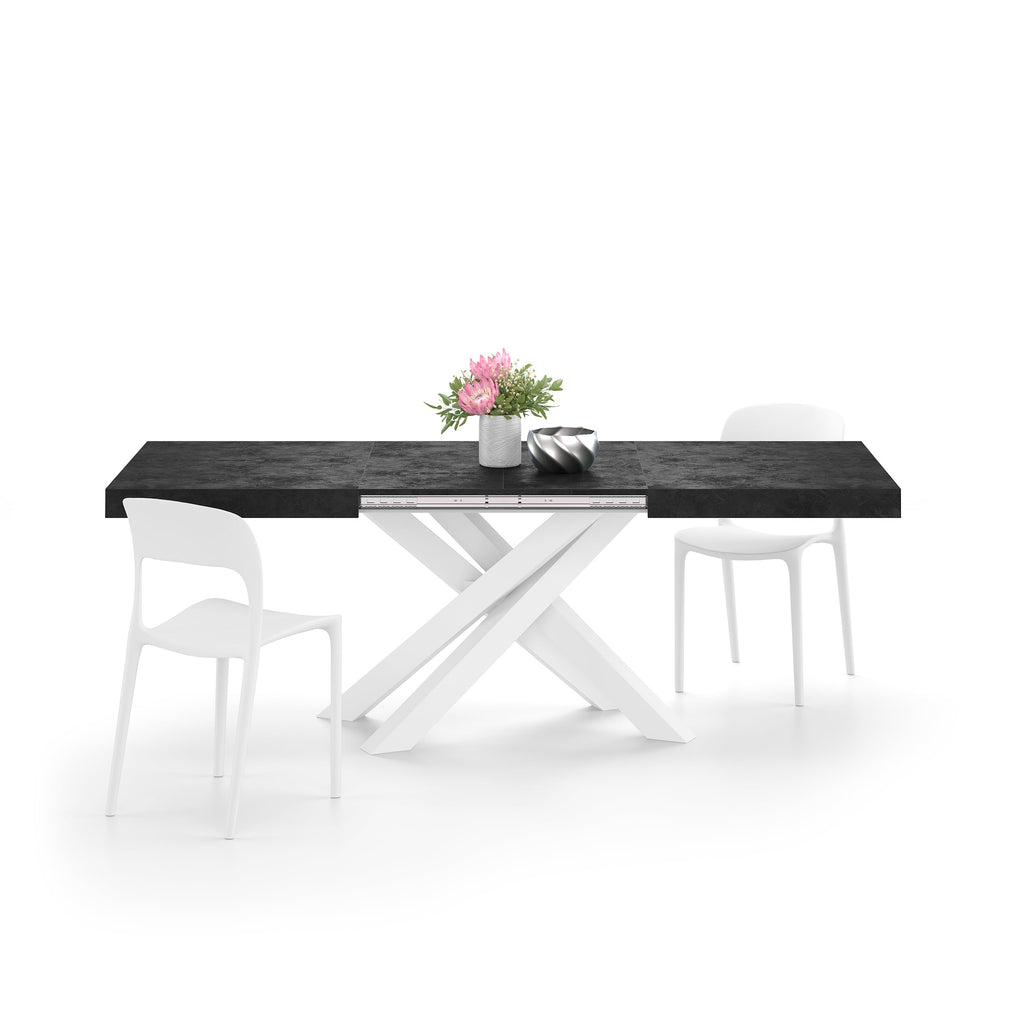 Emma 55.11(86.6) x35.4 in, Extendable Dining Table, Concrete Effect, Black with White Crossed Legs, Made in Italy