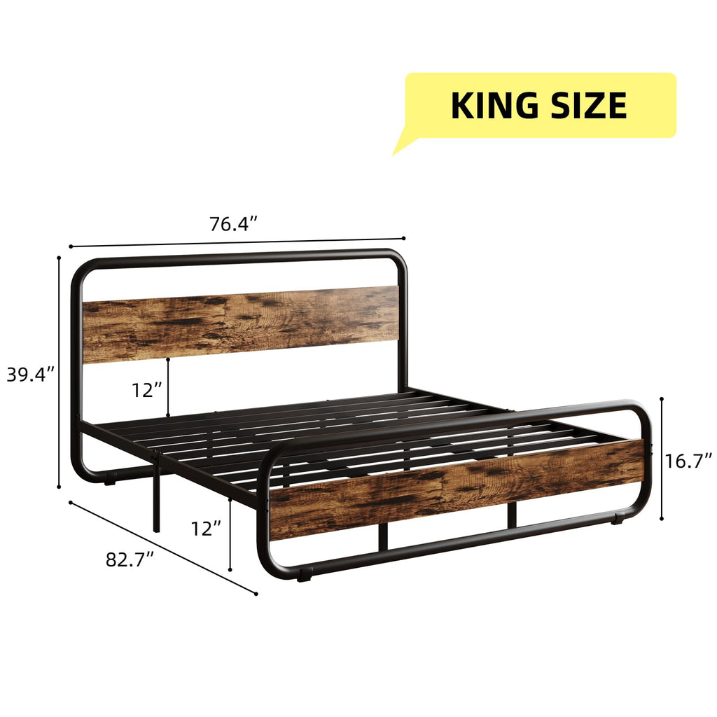 Bed Frame, Wood Headboard and Footboard, LED Lights, Rustic Brown